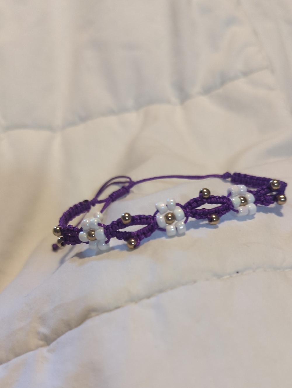 Handmade Purple Macramé Bracelet with White Flower Beads